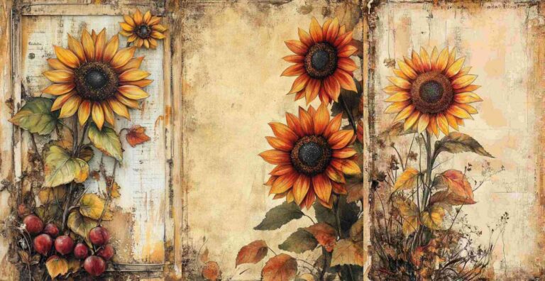 10 Fall Sunflower Papers – Free Fall Junk Journal Printables (WF0124)