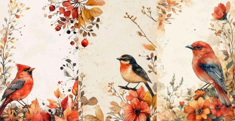 10 Autumn Floral Bird Papers – Free Fall Junk Journal Printables (WF0177)